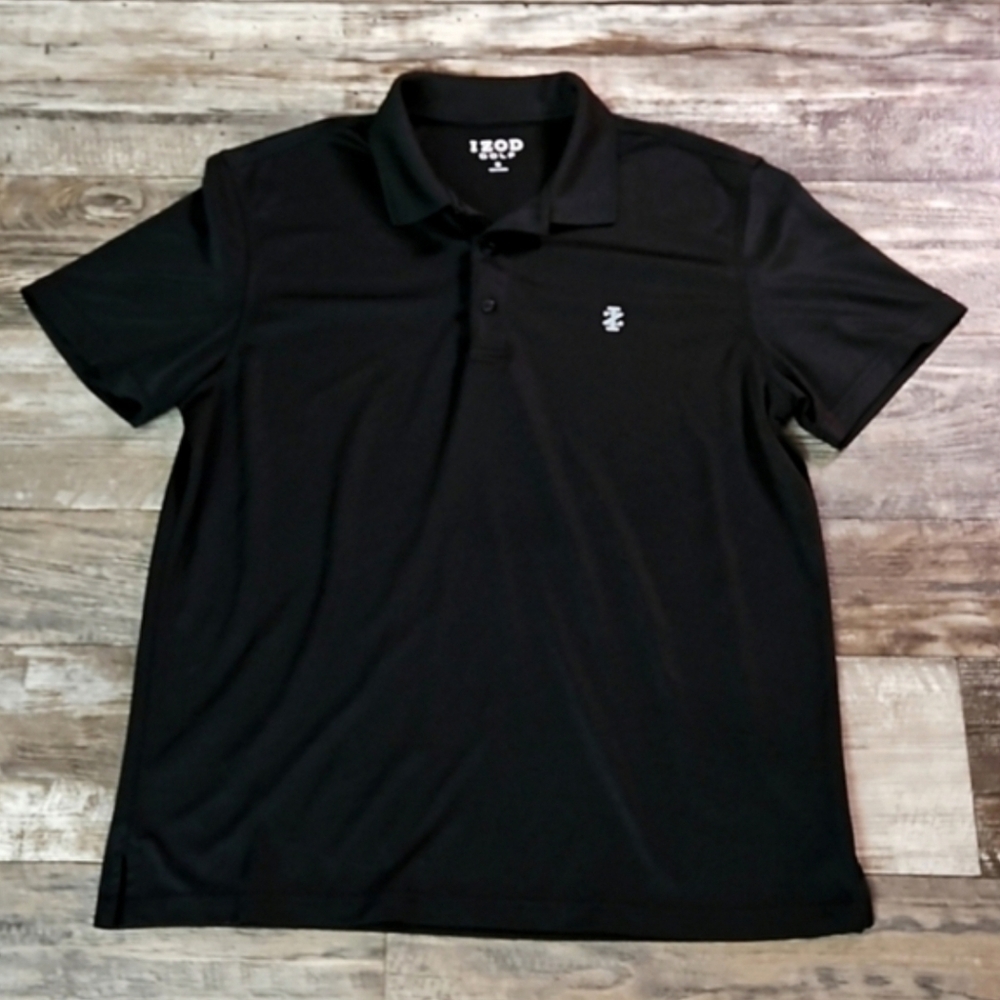 🔅Izod Gold Polo Short Sleeve Black Shirt Button Close With Collar Men's Med EUC